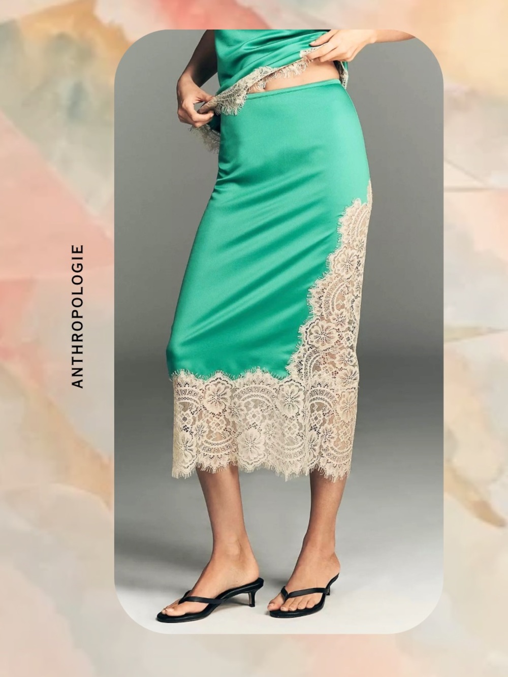 NWT🎉 Anthropologie Teal Satin Midi Skirt with Cream Lace Hem - Picture 2 of 16